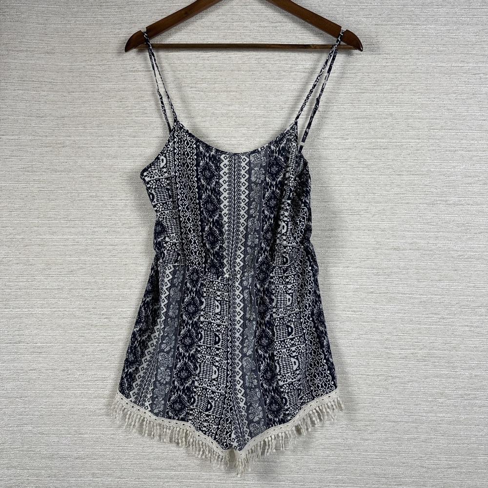 Breeze Ever Shorts Romper Fringe Trim Size Large Geometric Artsy Aztec Boho Y2K